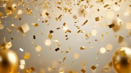 Elegant festive scene with soft golden confetti drifting slowly creating warm celebratory ambiance visual charm