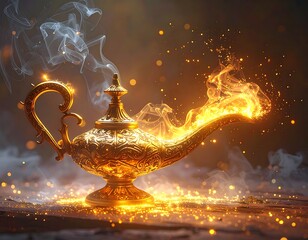 Ornate golden lamp with smoke and fiery genie emerging