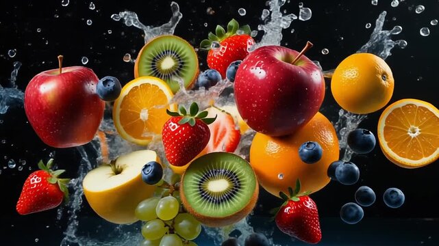 Fresh fruit splash explosion captured in slow motion with vivid color and dynamic droplets realism