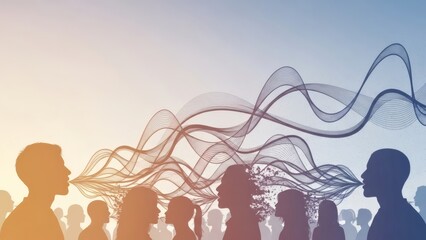 Diverse group of people communicating through flowing lines and silhouettes