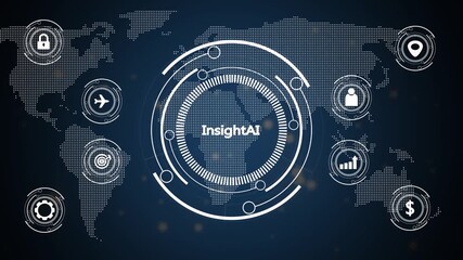 Futuristic Insight AI Digital Network Interface with Map and Technology Central Hub Displaying Data Connections and Connectivity Across Continents Keywords: global, digital, network, interface - Powered by Adobe