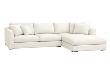 White sectional sofa with chaise lounge on transparent background, modern living room furniture element