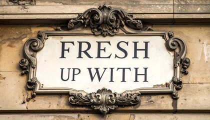 Ornate plaque with words "Fresh Up With" on a weathered stone facade