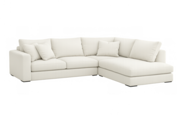 White fabric sectional sofa with chaise lounge on transparent background, modern living room furniture for home decor