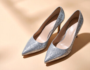 Sparkling Silver Heels - Elegant Pointed-Toe Pumps on Beige Background with Soft Shadows.