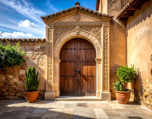 Ornate wooden arched doorway, flanked by potted plants, captured in daylight