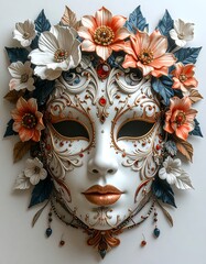 Ornate white mask adorned with flowers and intricate detailing