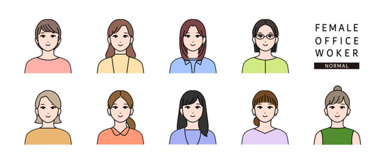 普通な表情・シンプルな上半身の若い女性のアバターアイコンイラスト素材セット