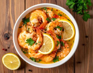 Overhead shot of a bowl of cooked shrimp, lemon, and parsley