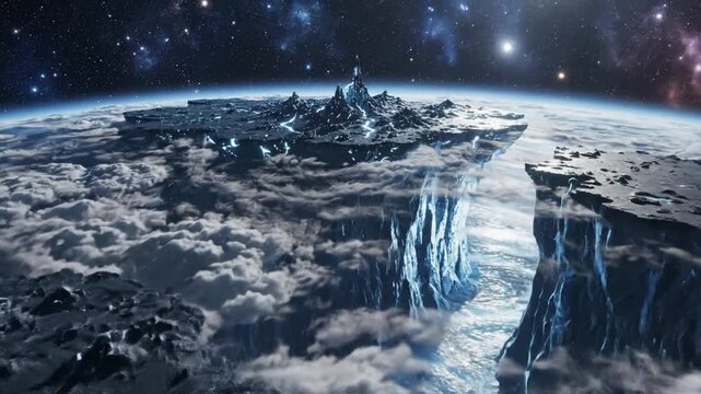 Abstract digital artwork of a futuristic alien planet with mountains