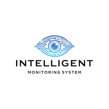 Modern blue digital eye with abstract digital circuit board line for intelligent monitoring system or technology security logo design