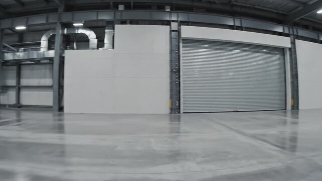 Empty industrial warehouse with closed gate.