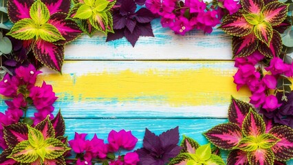 Colorful floral border on wooden background.