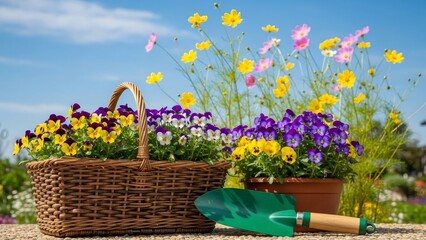 Colorful flowers in wicker basket outdoors.