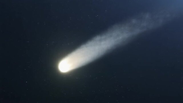 Bright meteoroid with glowing trail crossing a starlit dark background forming a cinematic space scene