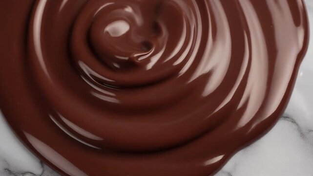 Close-up view of liquid chocolate swirling on a white and gray marble surface with rich dark brown color glossy texture and dynamic flowing patterns