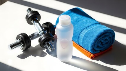 Fitness equipment with towel and bottle.