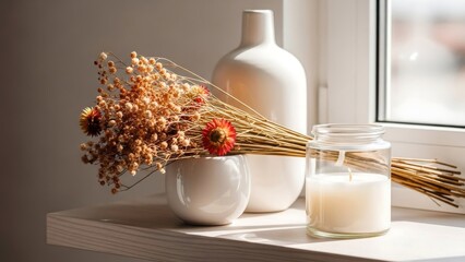 Dried flowers and candles on windowsill.