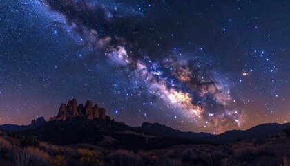 Panoramic view of the night sky over a mountainous landscape