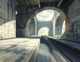 A stark perspective of a concrete structure, offering a view down a path toward distant, arched openings against a sky