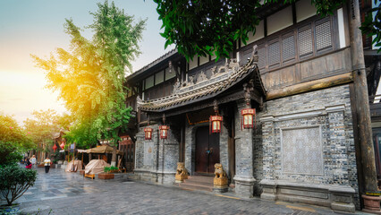 Fototapeta premium Ancient Traditional Chinese Building with Lanterns and Trees