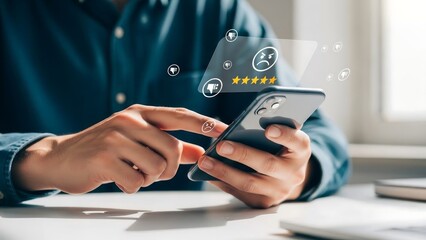 Man Holding Smartphone with Holographic Five Star Rating and Happy Smiley Face for Excellent Customer Satisfaction Concept
