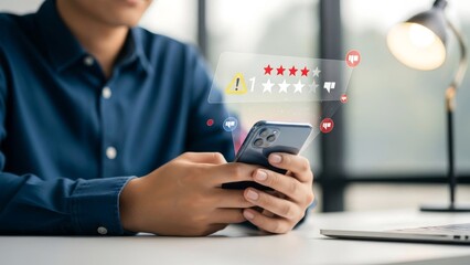 Man Holding Smartphone with Holographic One Star Rating and Negative Feedback Icons for Customer Dissatisfaction Concept