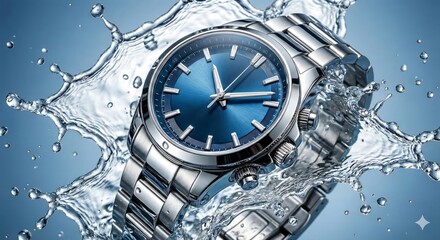 Luxury watch with water splash effect.