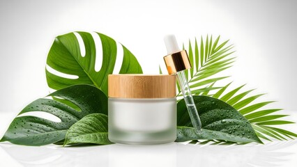 Natural Cosmetic Cream Jar and Serum Dropper Mockup with Tropical Green Monstera Leaves on White Background