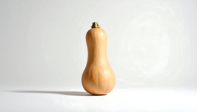 A single butternut squash stands tall against a plain white backdrop, casting a subtle shadow. Its smooth, oblong shape is highlighted