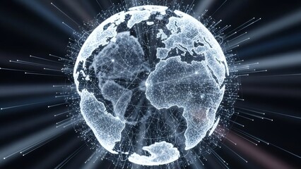 Global network connections and digital communication on a futuristic Earth