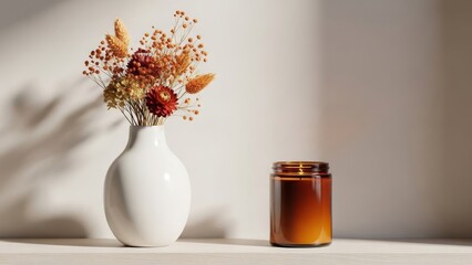 Vase with dry flowers and candle.
