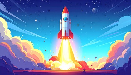A vibrant cartoon depicts a rocket blasting off with fiery exhaust and billowing clouds against a starry night sky. The moon and clouds are visible