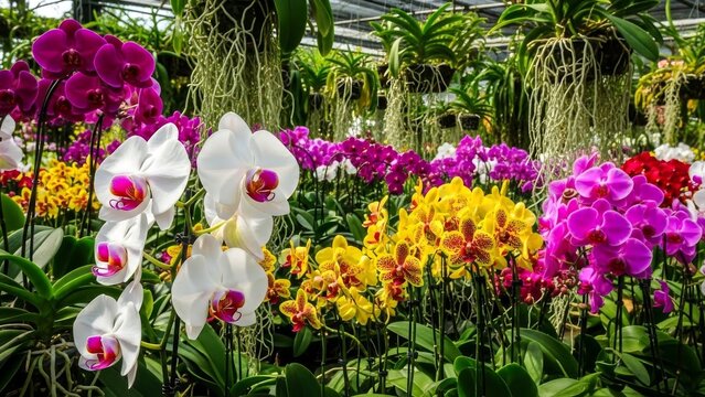 Vibrant Orchid Flowers in Greenhouse Garden.