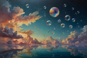 Floating bubbles filled with miniature skies with abstract realism