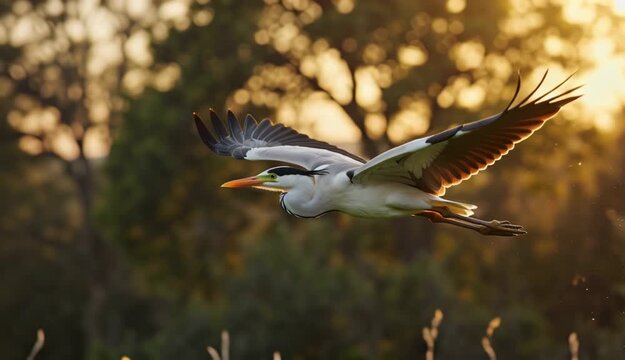 A serene video of a white heron flying over a peaceful landscape at sunset