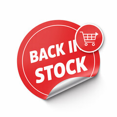 Red circular sticker with white text " BACKINSTOCK" and shopping cart icon on white background