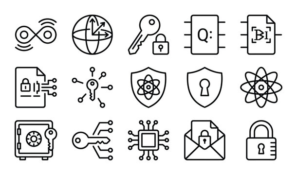 Quantum technology vector icon set futuristic computing abstract science element with security