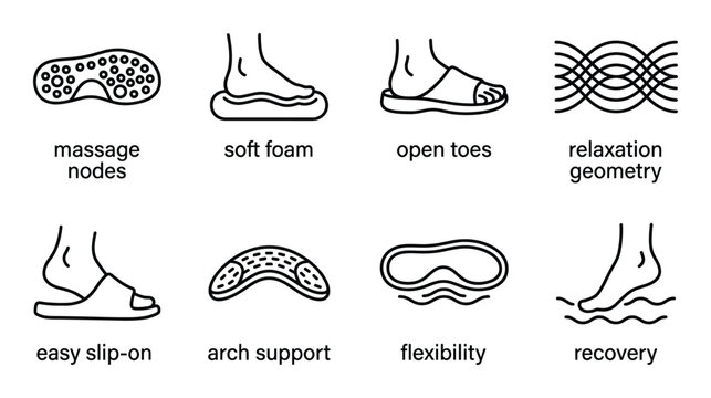 Sandal footwear outline icon set features massage nodes arch support easy slip-on and relaxation geometry