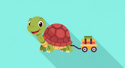 Fototapeta premium Cartoon Turtle Pulling Toy Trailer.