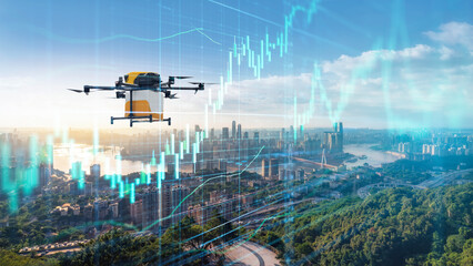 Drone Delivery with Financial Data Over Urban Landscape