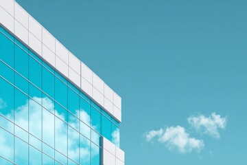 Modern building facade reflects clouds against a clear blue sky.