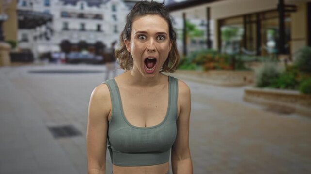 Woman opens mouth in surprise on busy sunlit street in front of building; astonishment shock wonder awe.
