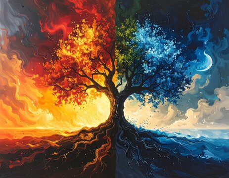 A split-screen artwork depicting a stylized tree, its crown branching into fiery oranges and cool blues, complemented by its exposed roots