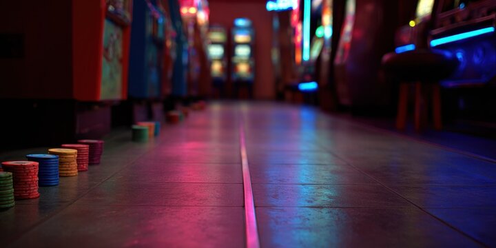 Low angle shot of a casino floor with neon lights and colorful game chips in a row