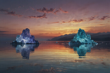 Crystal under a glowing horizon with pastel reflections