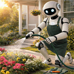 Robot Gardener Tending to Flowers in Sunny Home Garden