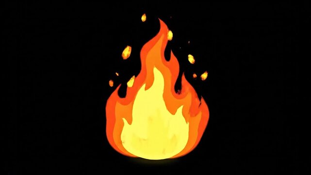 Animated orange fire flames with sparks on black background for design