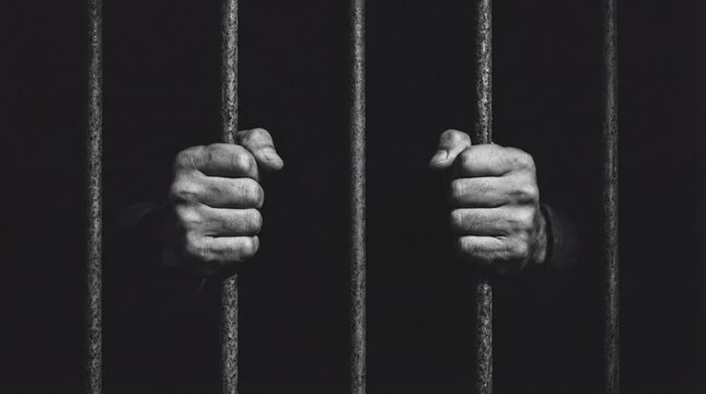 Imprisoned hands grasping bars dark cell black and white photography confinement close-up despair and hope