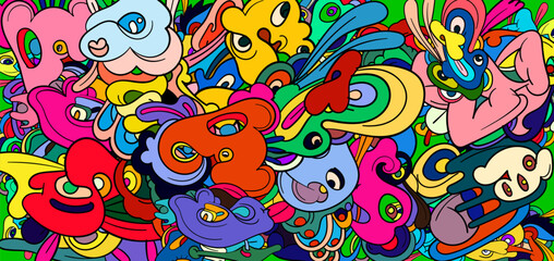 Colorful Abstract Cartoon Faces in Vibrant Pop Art Style